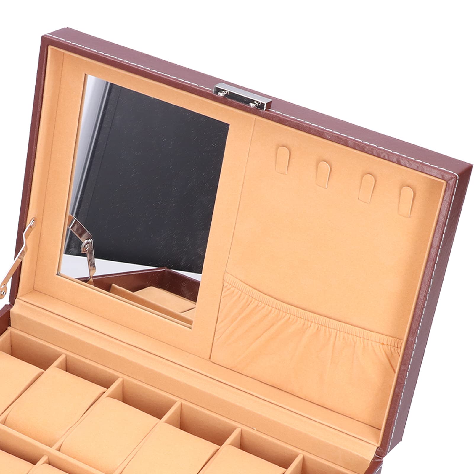 Cocoarm Schmuckschatulle, PU-Leder, Uhrenbox, Doppellagig, 12 Fächer, Aufbewahrungsorganisator mit Spiegel und Abnehmbarem Schlüsselfach für Damen, Schminktisch, Schrank-Display
