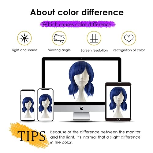 Miniatura 5 de SiYi Peluca de cosplay azul para niña, disfraz de Halloween, pelucas cortas para mujer, pelucas de anime de estilo único con gorra de pelucas, Azul