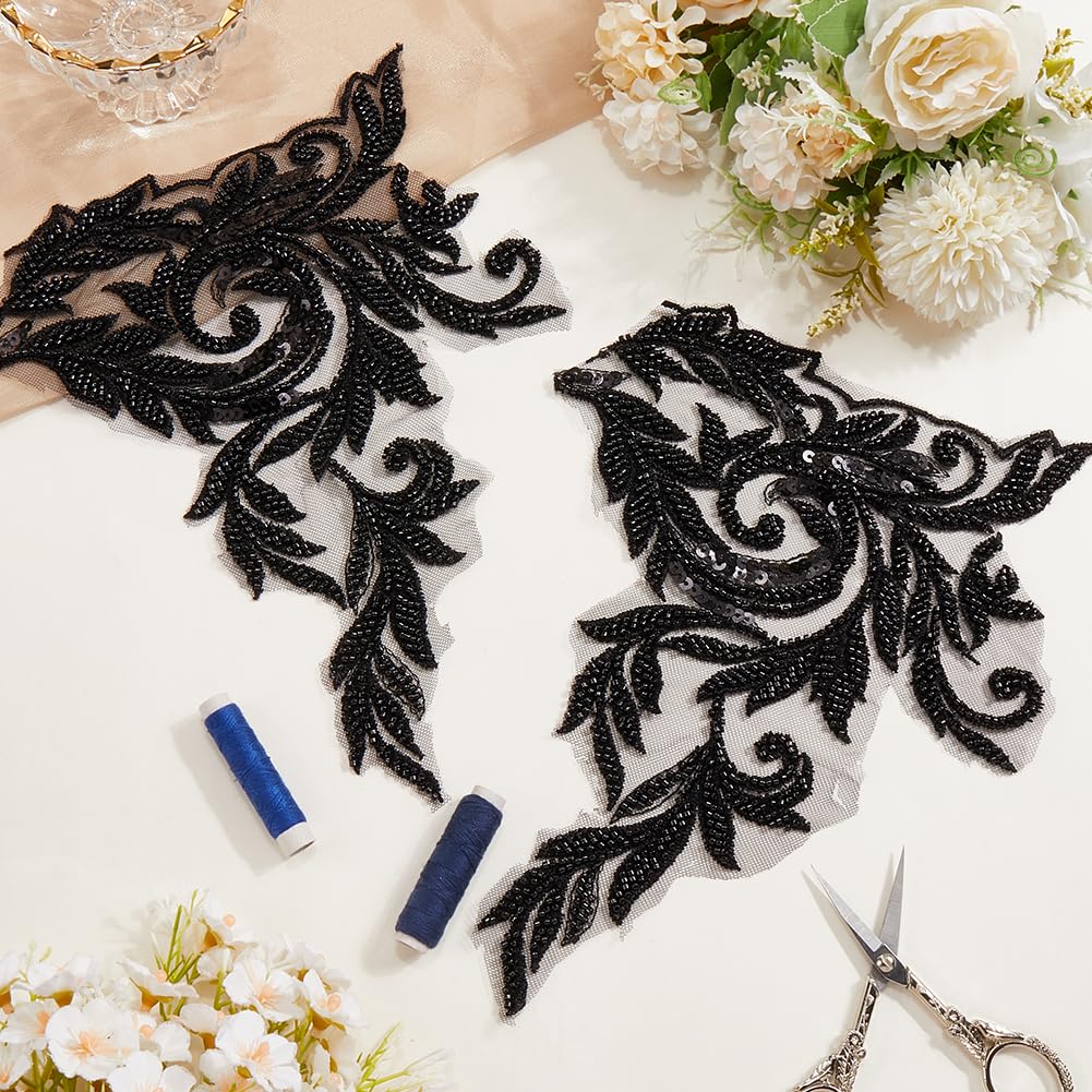 1 yard Tessuto di Pizzo con Ricamo Floreale Nero, Paillettes Lucide, Perline, Toppe di Paillettes, Da Cucire su Tulle, Rifiniture Vintage con Fiori per Cucire, Realizzare Abiti Da Sposa, Dec