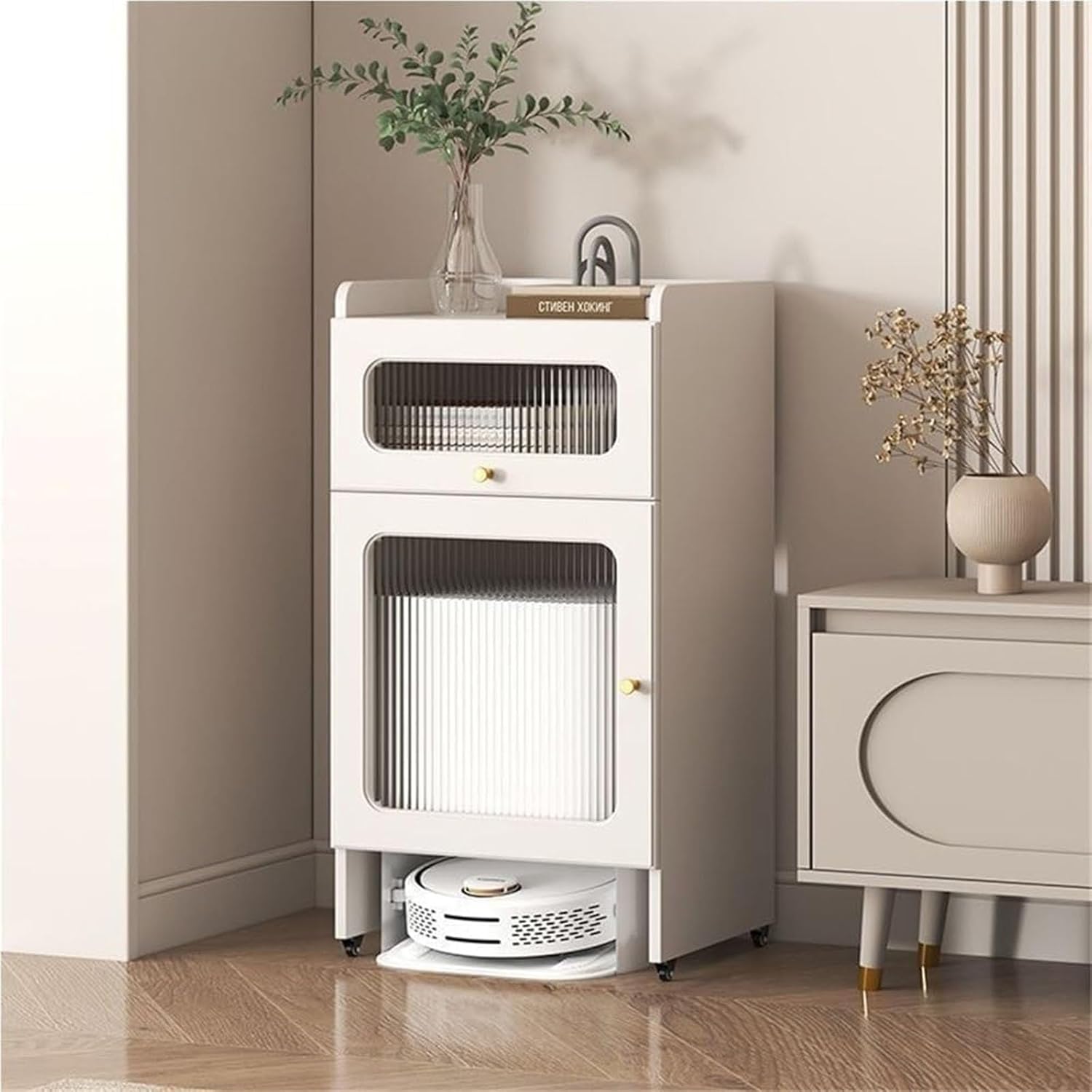 Large Robot Vacuum Storage Cabinet – Sleek White Sweeper Rack with Tempered Glass Door, Open Base for Self-Emptying Machines – Ideal for Living Room Organization