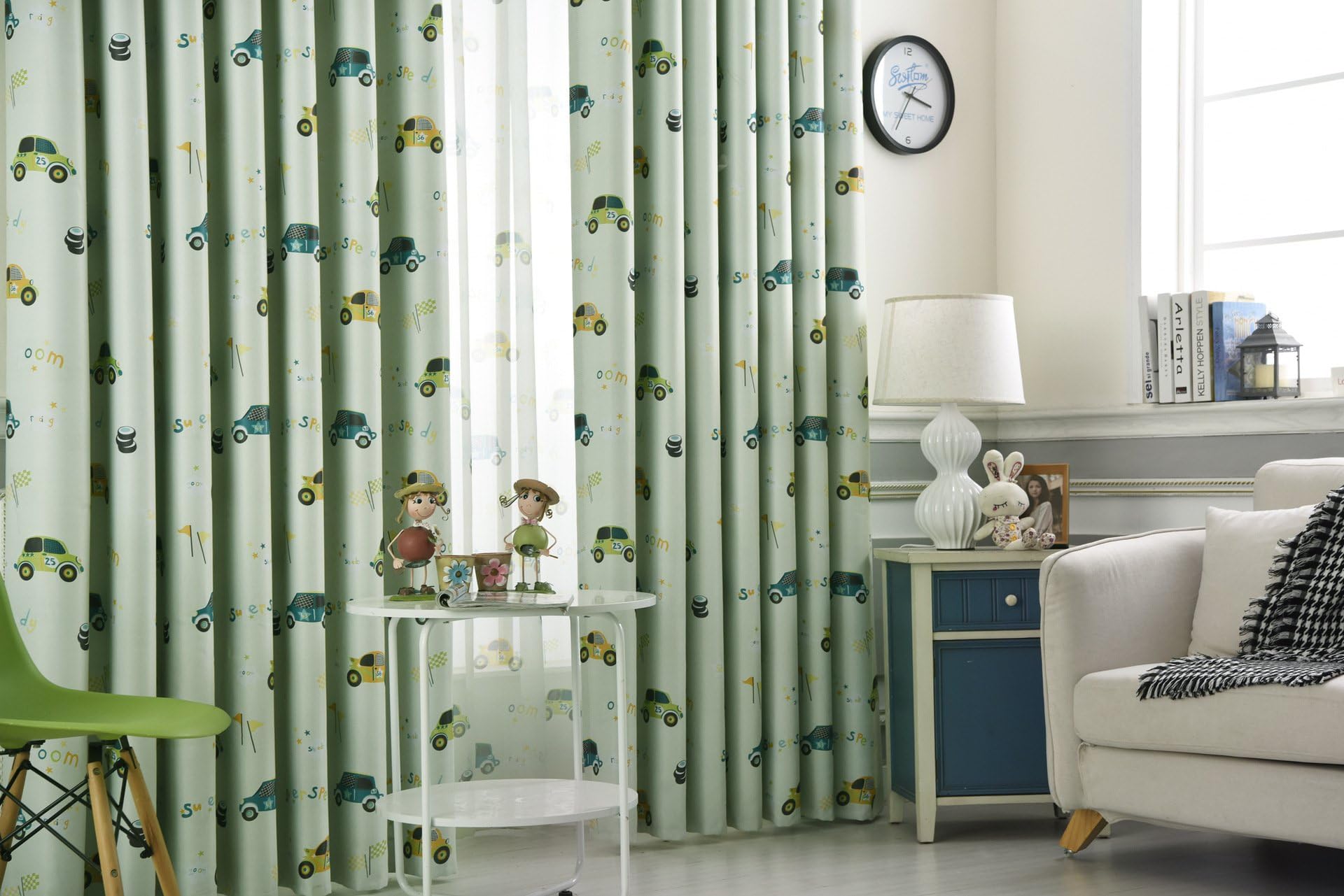 Amidoudou 2er-Set Vorhänge Auto Kinderzimmer,Vorhänge Kinderzimmer Junge,Vorhänge für Kleine Fenster (Grün,230 x 140 cm)