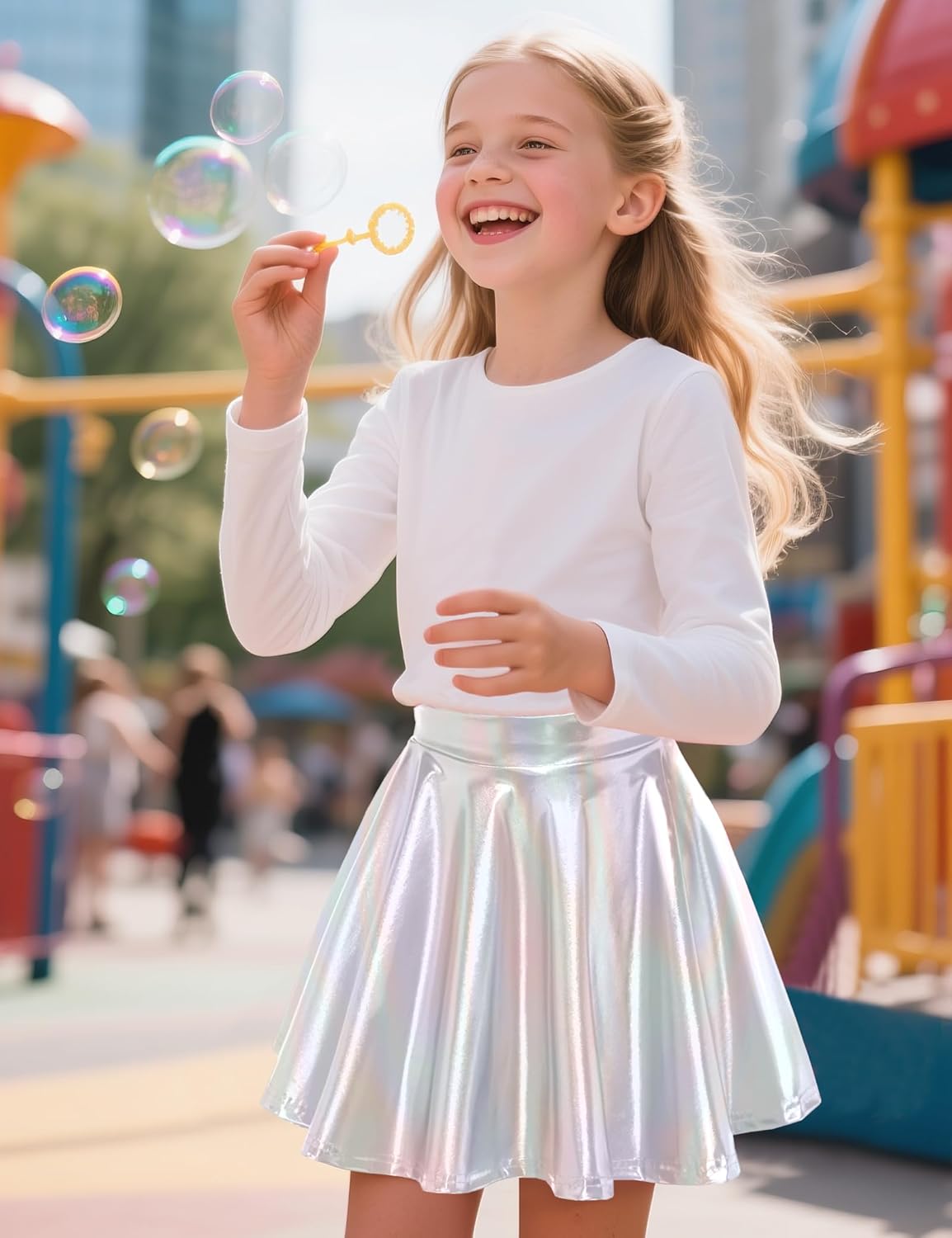 Auranso Girls Metallic Skater Skirt Sparkly Shiny Flared Pleated A-Line Mini Skort - Image 6