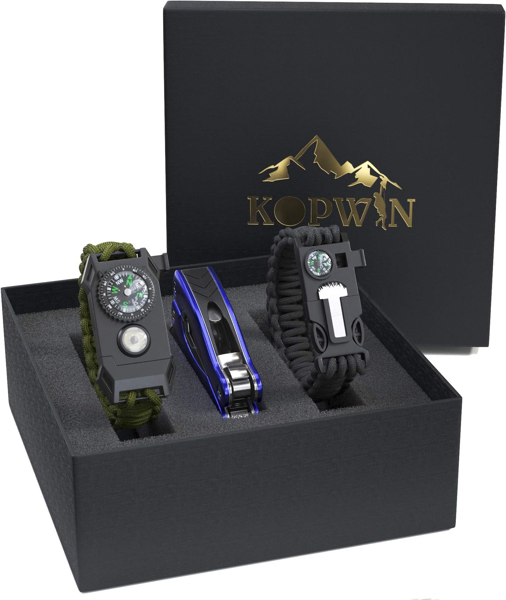 Kopwin Paracord Survival Bracelet Set - Bonus Keychain Multitool Included. Paracord Bracelet with Compass, Magnesium Flint Fire Starter, Emergency Whistle, Knife and Led Light. Set of 2.