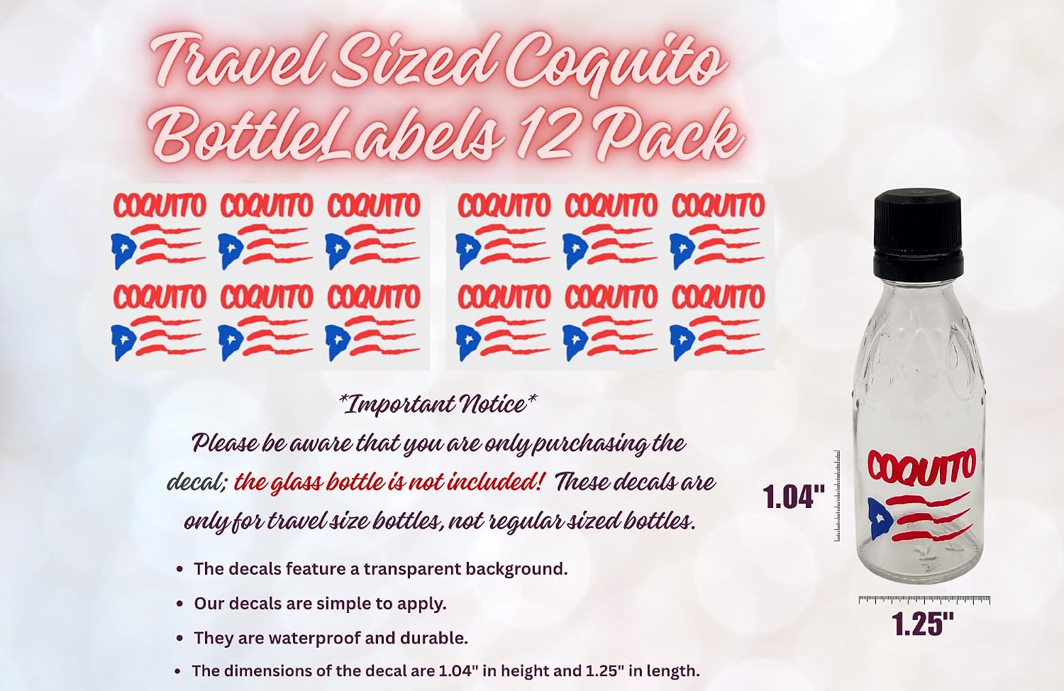 Puerto Rico Travel Size Coquito Bottle Decals, 12 Pack Waterproof Vinyl Miniature Decal Stickers Morro Hibiscus Flower Palm Tree Design Bottle Labels