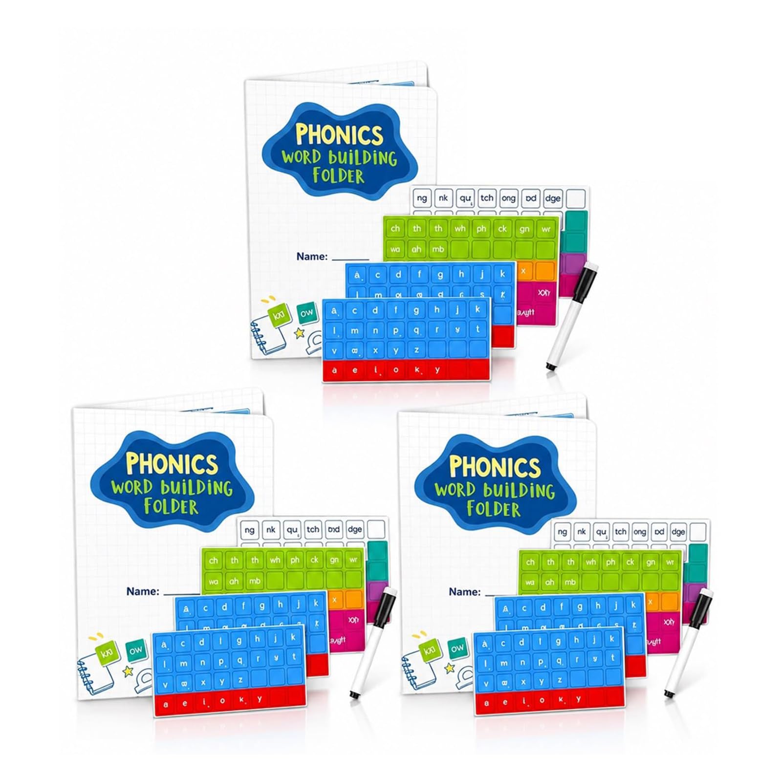 Kit di carte fonetiche magnetiche con 142 magneti e penna, tessere magnetiche per lettere fonetiche, set di costruzione di parole per alfabeto e vista, per parole, digrammi e vocali (3pcs)