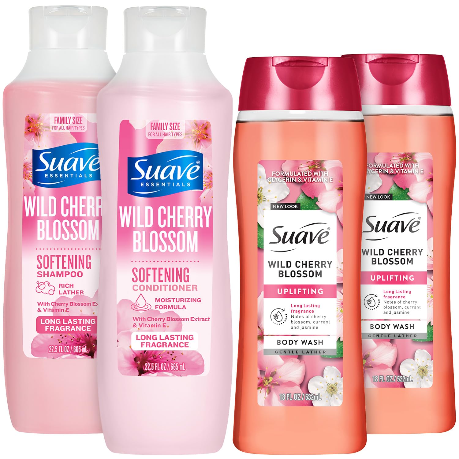 Suave Body Wash 2-Pack + Nourishing Shampoo & Conditioner, Wild Cherry Blossom – Gentle Body Care & Hair Care Set with Vitamin E, Cruelty Free (4 Piece Set)