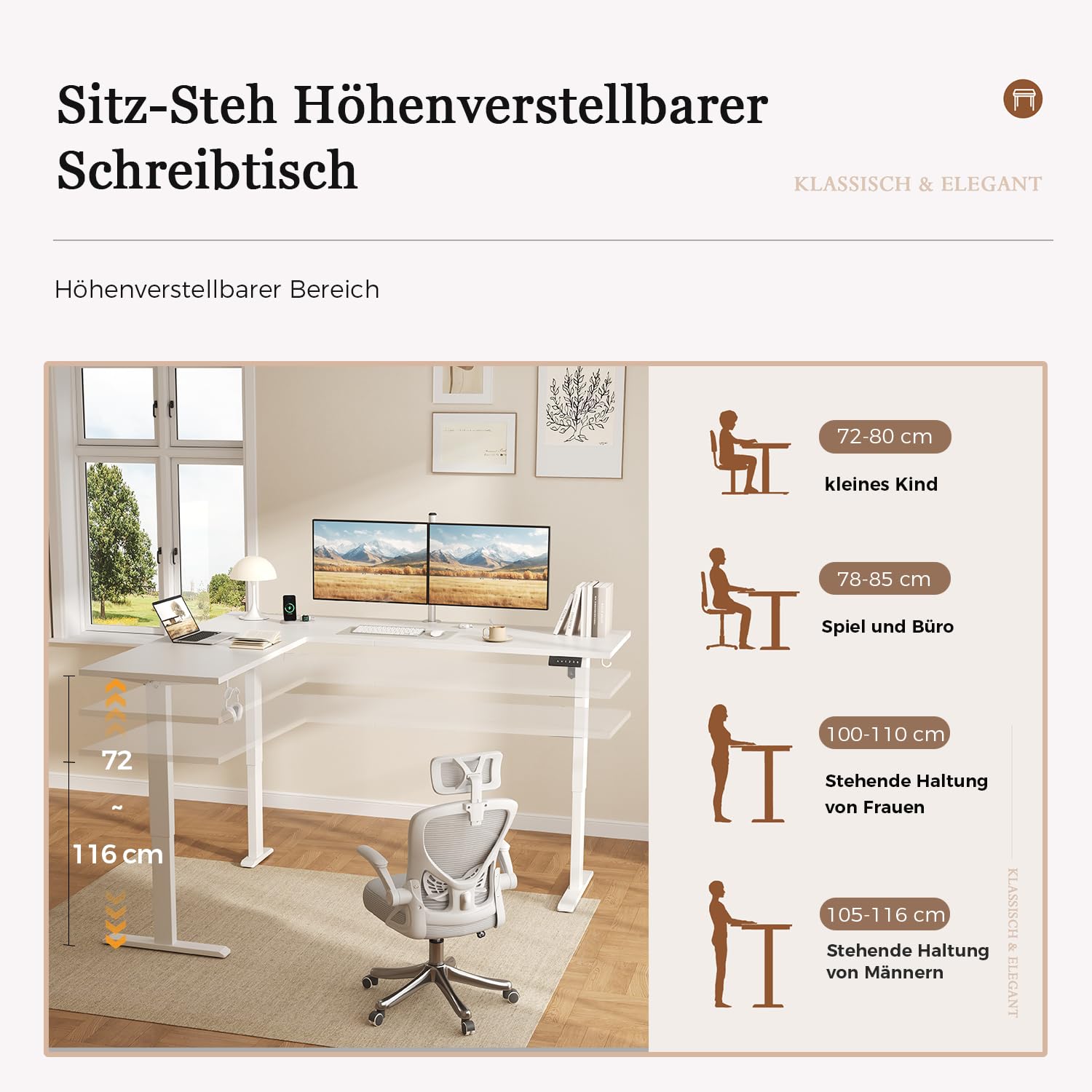 Klicelor L-förmiger Elektrischer Schreibtisch Höhenverstellbar, 160 x 140 cm L Form Stehschreibtisch mit 3 Memory-Funktionen und Antikollisionstechnologie, ergonomischer Computertisch, Weiß