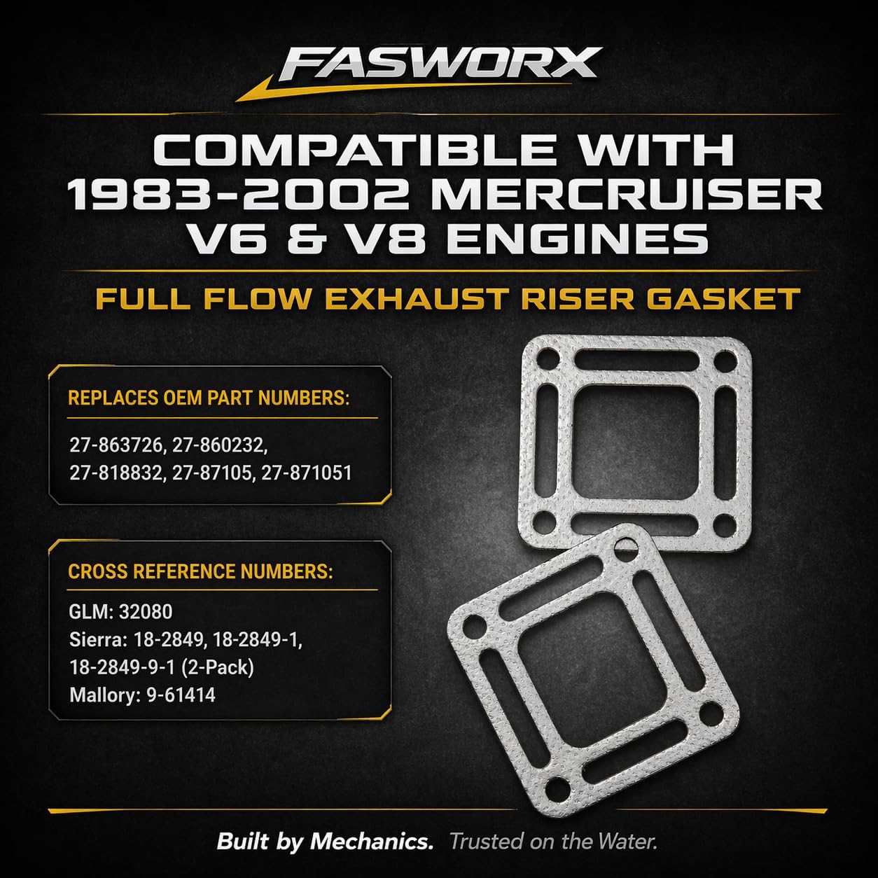 FASWORX 27-863726 Full Flow Exhaust Riser Gasket for MerCruiser V6 V8 4.3L 5.0L 5.7L 6.2L 7.4L 8.2L 1982-2002 | Replaces 27-860232, 18-2849, 32080 | 4-Slot Open Standard Cooling Marine Engine Seal