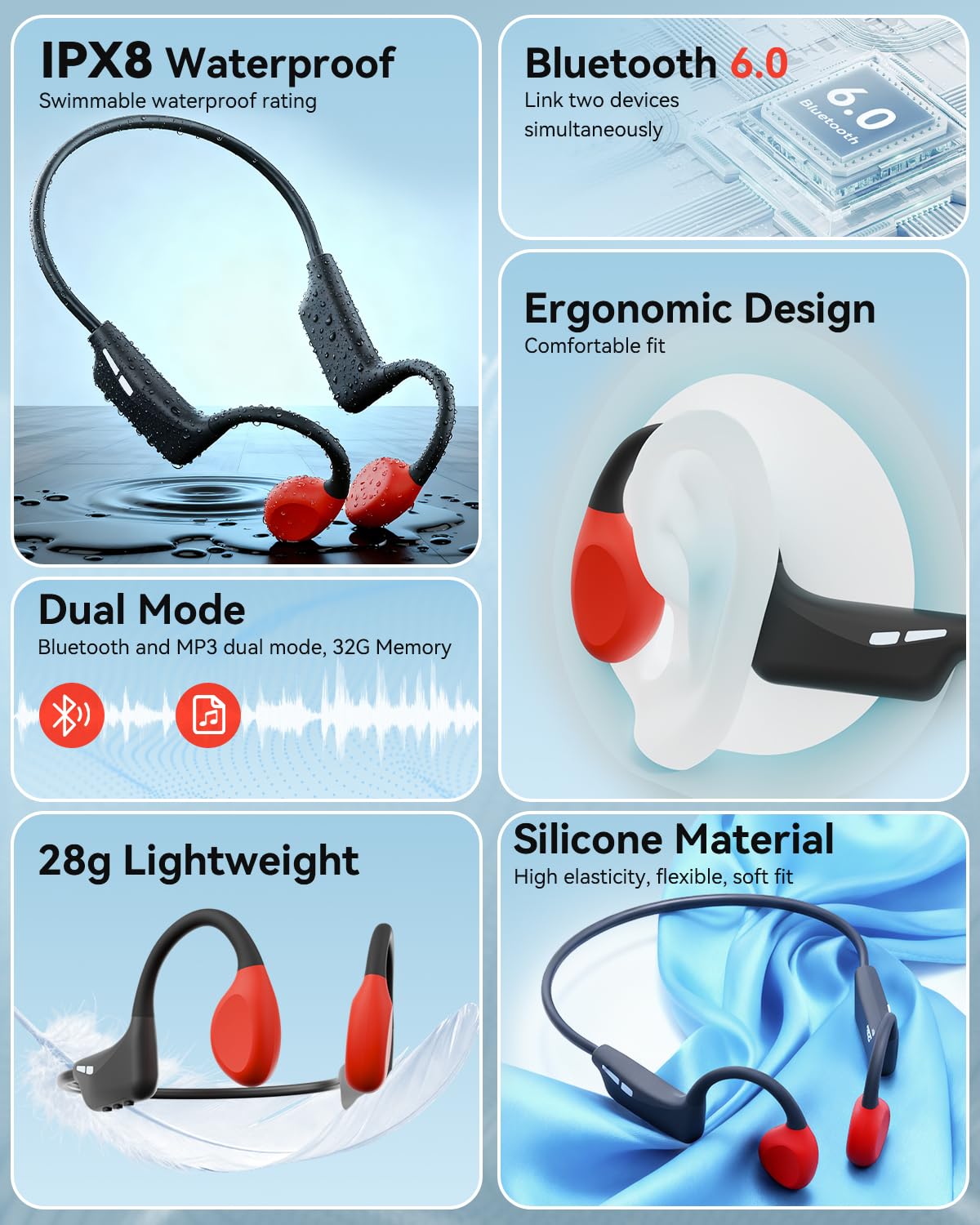 Cuffie Conduzione Ossea Subacquee per Piscina, 8GB MP3-Player Bluetooth 6.0 | 28g Ultra-leggero e silicone morbido per comfort, modalità Bluetooth e MP3, IP68 impermeabile per nuoto Piscina corsa fitness