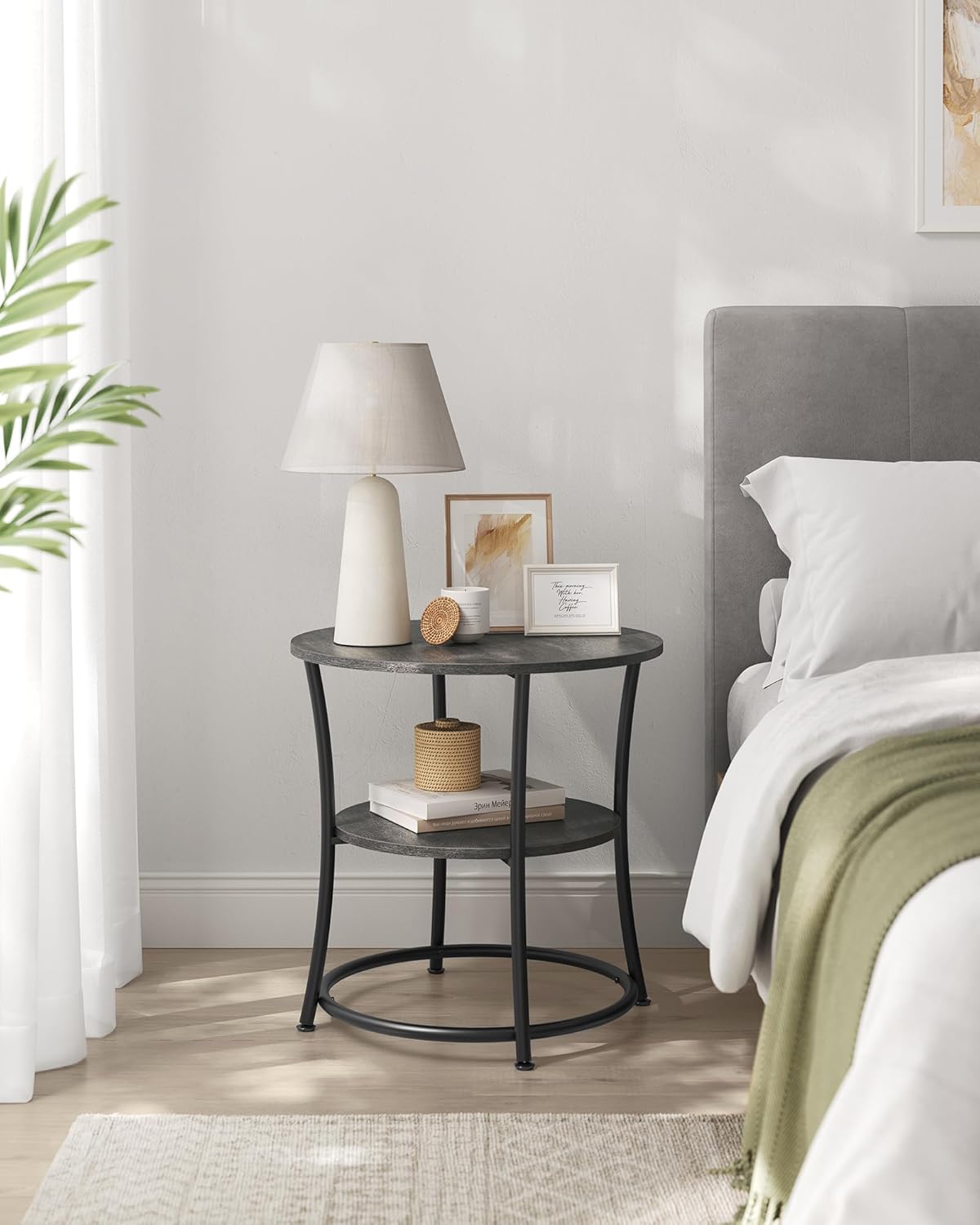 VASAGLE 21.7-Inch Round Side Table, 2-Tier End Table, Nightstand with Steel Frame, Spacious Top, for Small Spaces, Living Room, Bedroom, Misty Gray and Ink Black ULET056G68