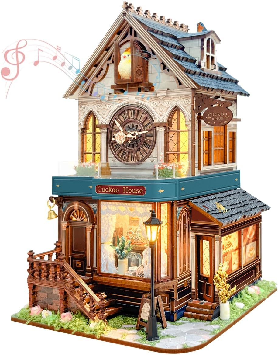 3D Wooden Puzzles - Miniature Cuckoo Clock House Kit, DIY Wooden Building Set for Adults and Teens, Mini Model Kit with 3-Mode Touch Switch - Cuckoo House (SQ-61)