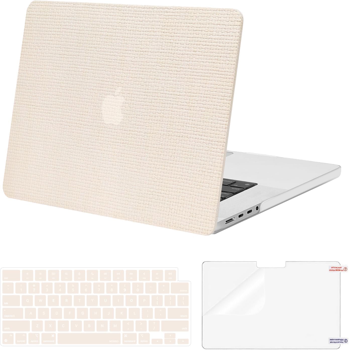 MOSISO Compatible with MacBook Pro 16 inch Case M5 M4 M3 M2 M1 2026-2021 A3429 A3428 A3403 A3186 A2991 A2780 A2485, 3 in 1 Kit Reduces-Fingerprints Square Grid PU Leather Coated Hard Shell Case,Beige