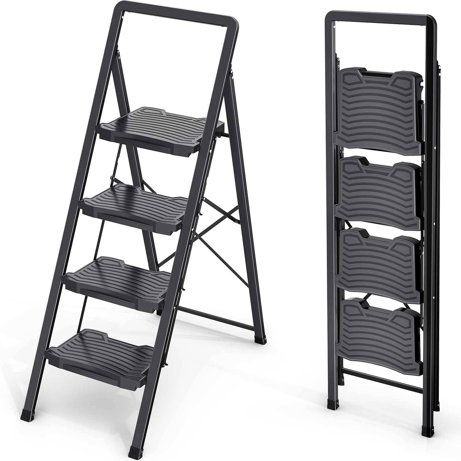KINGRACK Escalera de 4 peldaños Resistente y Resistente, Escalera portátil para el hogar, Cocina, Taburete Plegable de Acero con Pedales Anchos Antideslizantes, pasamanos, diseño de Bloqueo Seguro