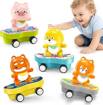 Pull Back Cars Toys for Toddlers 1-3, 4 Pack Push Go Animal Car Skateboard