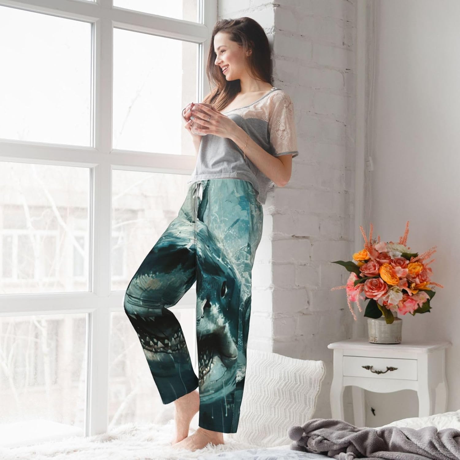 Shark Cum Print Fashion Cozy Womens Flannel Pajama Pants,Perfect For Christmas And Everyday Wear
