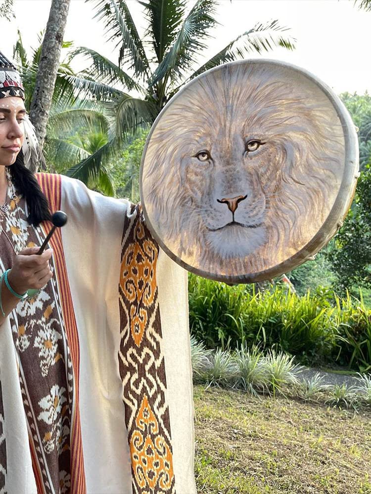Tambor Chamán Hecho a Mano con Patrón de León, Instrumento Espiritual para Curación con Sonido (León)