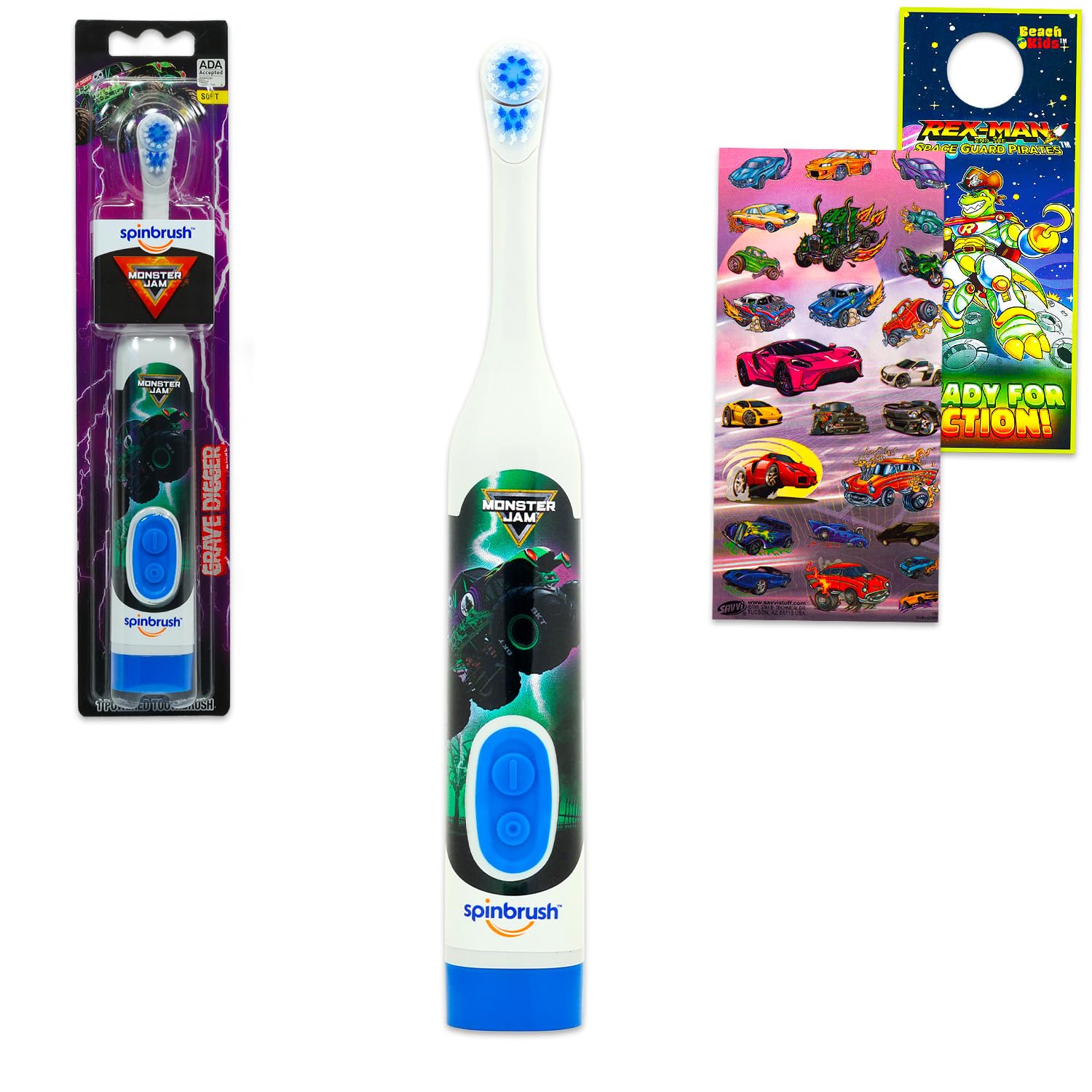 Monster Jam Kit da viaggio per l'igiene orale per bambini – Bundle con scavatrice tomba spazzolino elettrico Plus adesivi e altro per ragazzi, bambini | Monster Jam spazzolino da denti