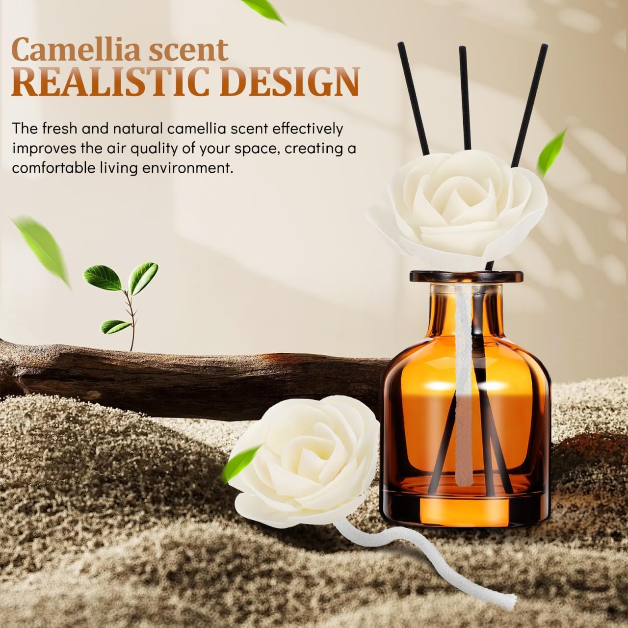 Beavorty Flower Diffuser Sticks with Cotton Wick Faux Flower Diffuser Replacement Camellia Scented Reed Flowers for Home Office Bedroom Decor 2 Pcs
