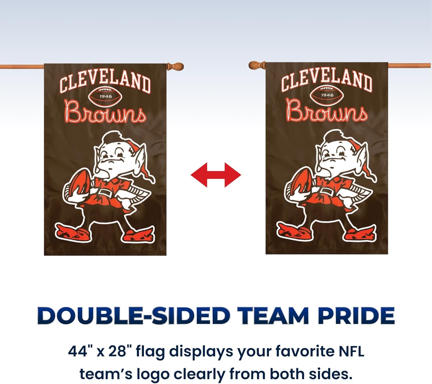Party Animal NFL Team Flag, 44” x 28” Double-Sided, Weather-Resistant Nylon Flag for Indoor & Outdoor Use, Cleveland Browns "Elf"
