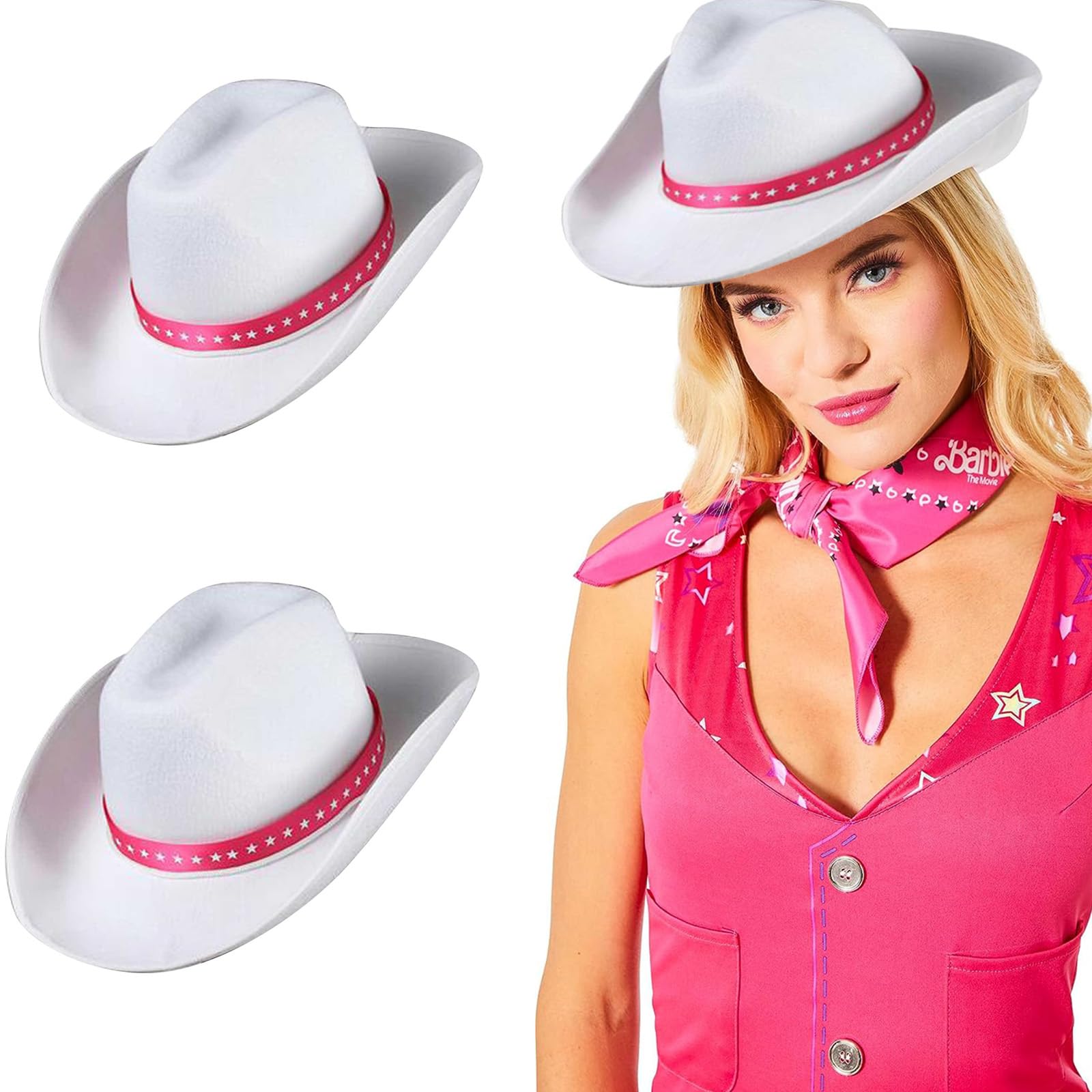 ywkiyrs Sombrero de vaquero de fieltro occidental para adultos, sombrero de vaquero blanco con lazo de pentagrama de Bar-bie Pentagrama con lazo rosa sombrero de vaquero blanco para actuaciones en