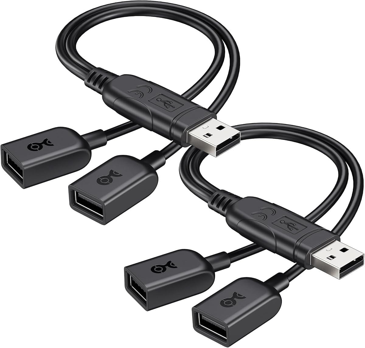 2-Pack USB Splitter 1 in 2 Out, USB Power Splitter, 1ft | 30cm, BC 1.2 Charging Support, USBA Male to Female Adapter, Data Transfer Support