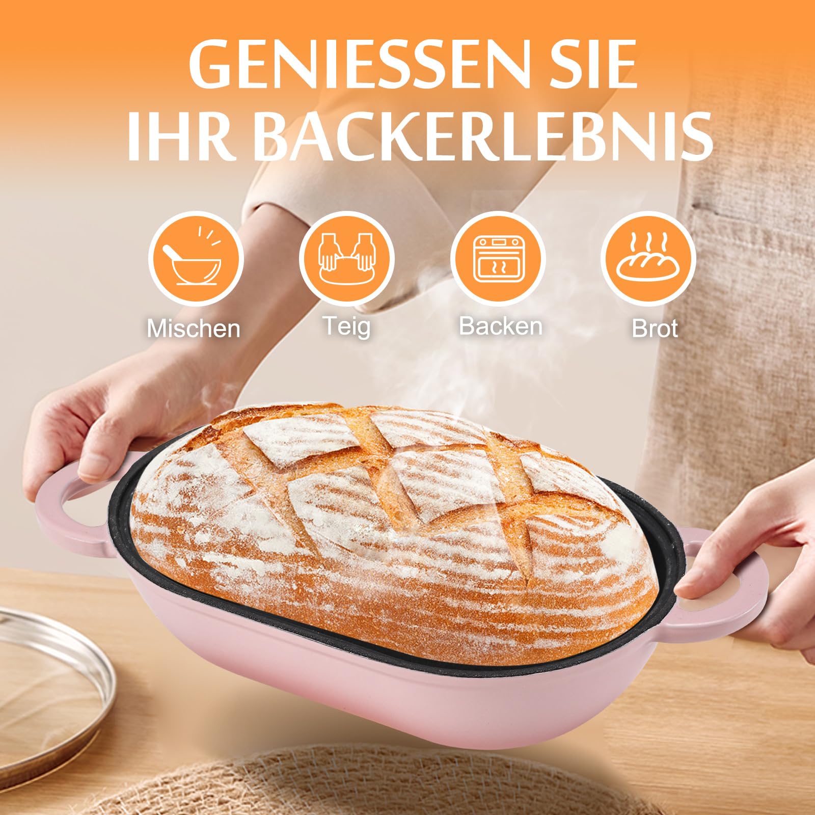 Gusseisen Brotbackform mit Deckel, 23 cm Emaille Gusseisen Topf Brot Backen, Bräter mit Deckel 2,75 L, Idealer Brottopf, Brotbacktopf, Backofengeeignet (Farbverlauf Rosa)