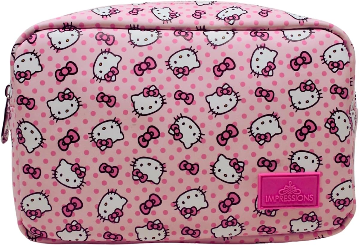 Impressions Vanity Hello Kitty Pink A Dot Cosmetic Pouch for purse With Silver Hardware, Polyester Lined Interior Travel Makeup Bag Organizer with Inner Slip Pocket and Hello Kitty Pink A Dot Artwork