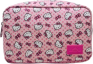 Impressions Vanity Hello Kitty Pink A Dot Cosmetic Pouch for purse With Silver Hardware, Polyester Lined Interior Travel Makeup Bag Organizer with Inner Slip Pocket and Hello Kitty Pink A Dot Artwork