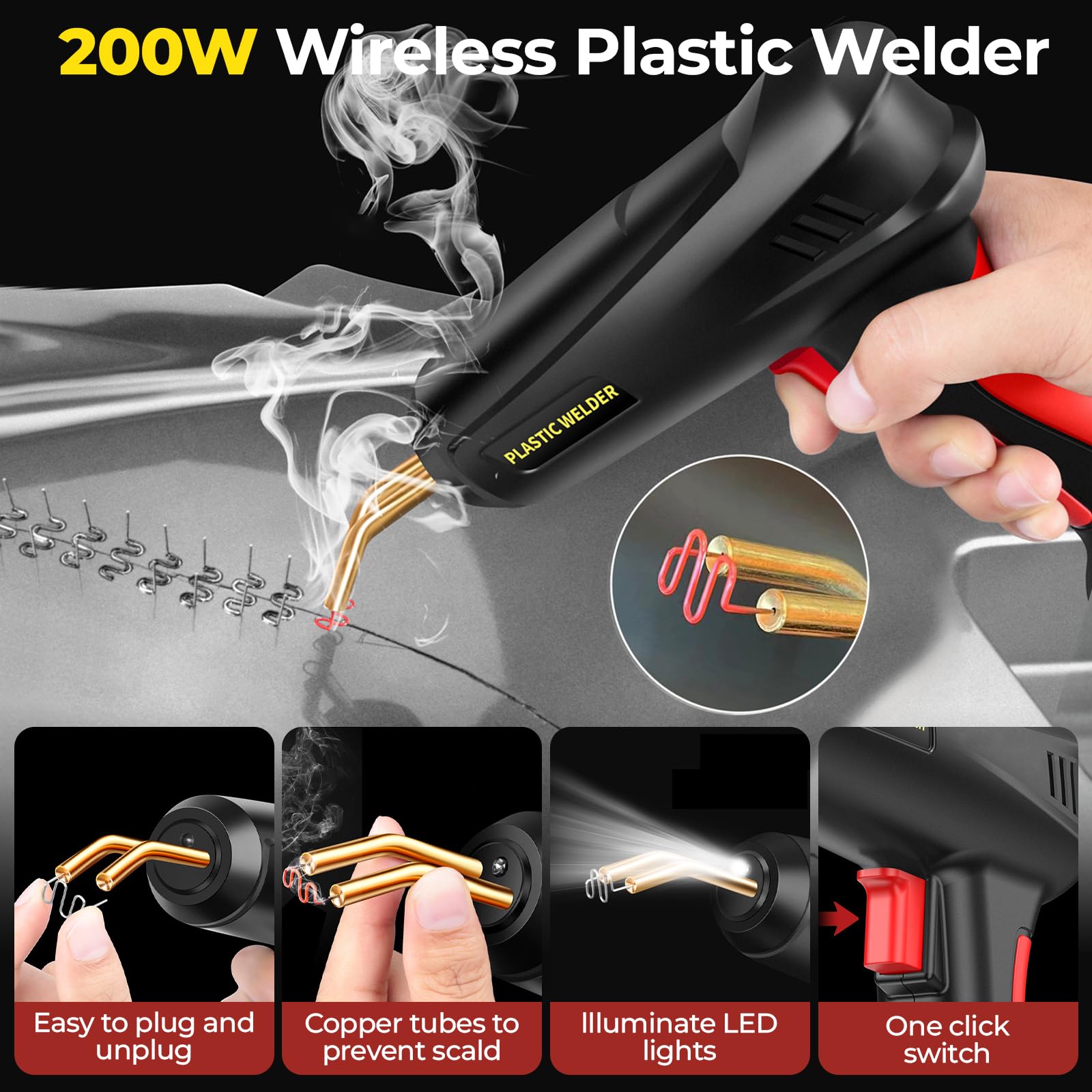 Soldador de Plástico 200W, 2 en 1 Plástico Soldadura Reparando Kit, Plástica Soldadura Máquina con 1000Pcs 6 Tipos Grapas, Herramientas de Suavización para Reparación de Parachoques de Auto