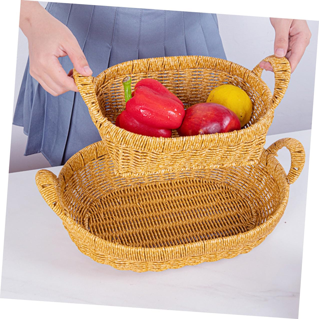 Simulated Rattan Oval Deep Fruit and Bread Basket with Double Handles, Large Plastic Wicker Tray for Kitchen Storage and Outdoor Picnic Serving