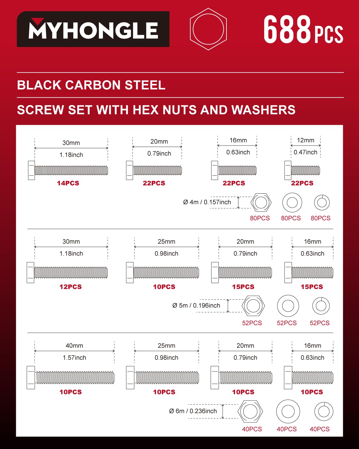 688 Pcs Hex Bolts and Nuts Set, M4 M5 M6 Machine Bolts and Hex Nuts and Lock Washers and Flat Assortment Kit - Image 2