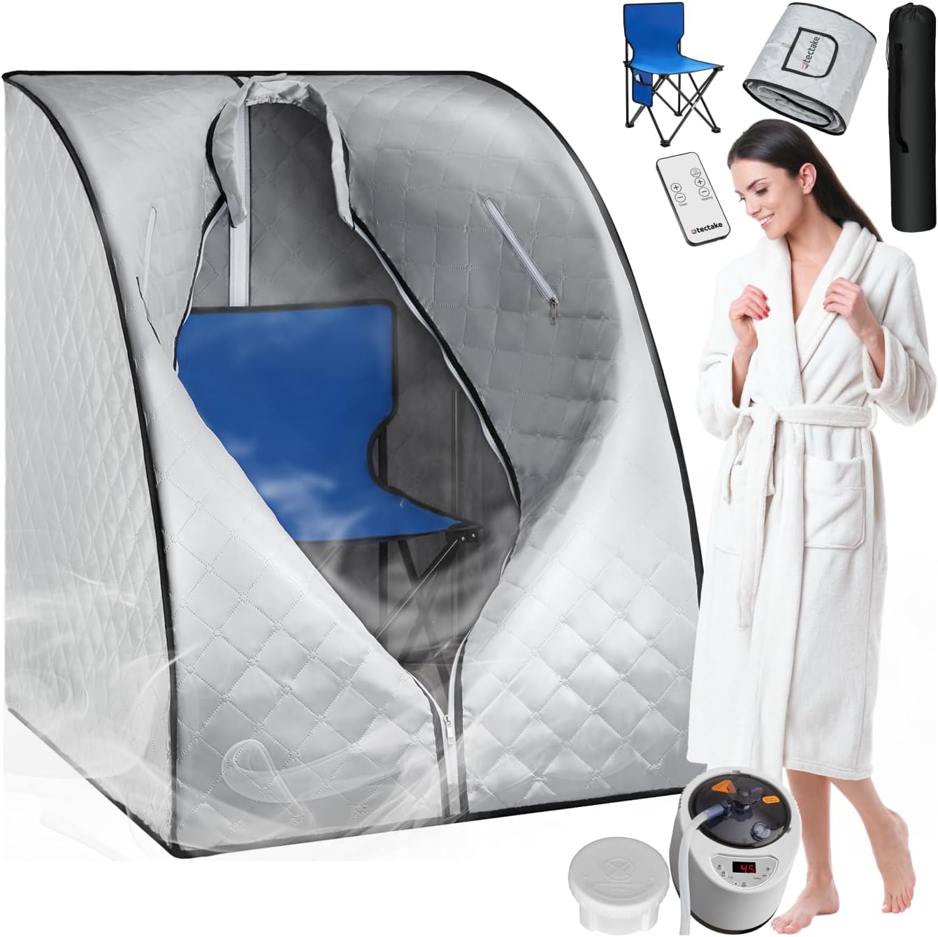 TecTake portable steam sauna with all included components: sauna tent, steam generator, remote control, folding chair, and floor mat.