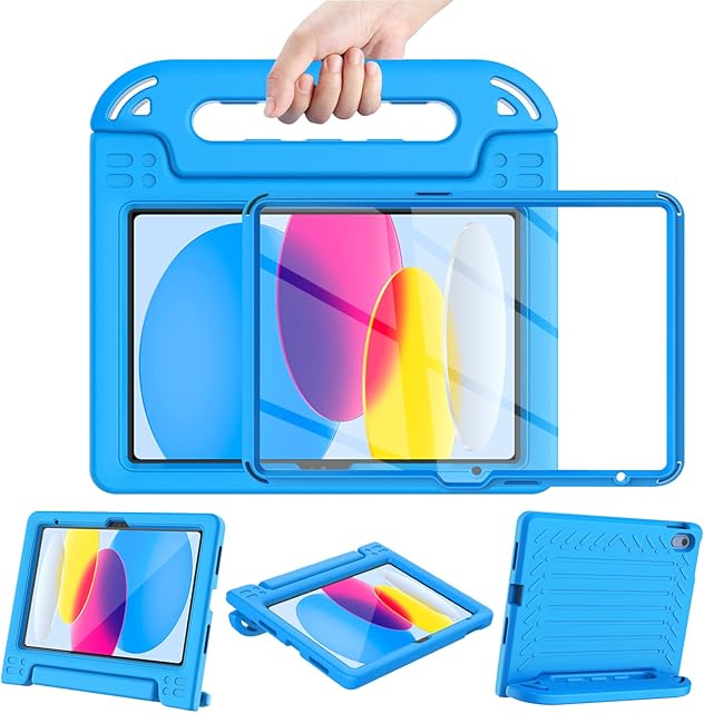 Surom Case with Built-in Screen Protector for New iPad 10.9 Inch 2022 (10th Generation), iPad 10.9 2022 Kids Case, Shockproof Convertible Handle Stand Kids Case for iPad 10th Generation 2022, Blue