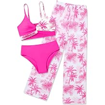 Girls Swimsuit 3 Piece Bathing Suit Criss Cross Bikini Set Tropical Floral Swimwear with Mesh Cover Up Pants Size 9-16Y