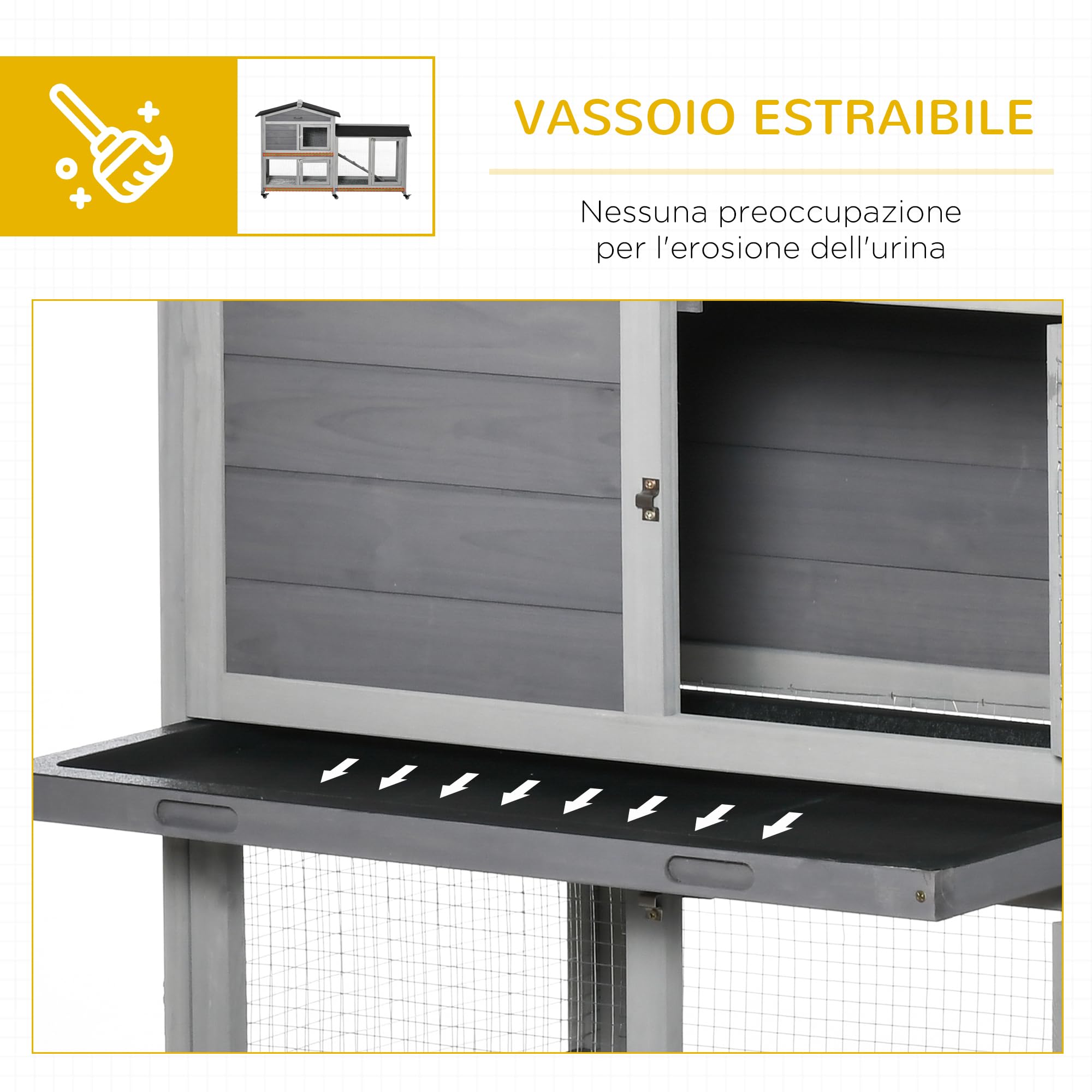 PawHut Gabbia per Conigli da Esterno con 6 Ruote, Porte Multiple, Conigliera in Legno di Abete con Rampa, Casetta per Conigli e Spazio Aperto Recintato, Grigio