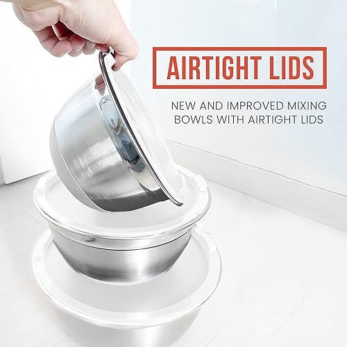 Miniatura 7 de Chef Pomodoro Juego de cuencos para mezclar de acero inoxidable, cuencos de metal con tapas, base de silicona antideslizante, cuencos anidables, 3