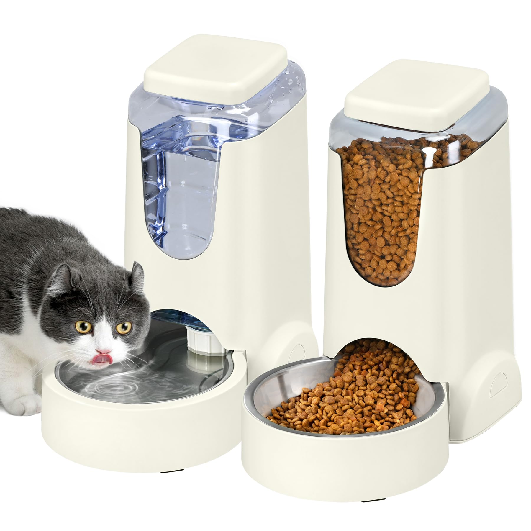 2 Pack Automatic Cat Feeder and Stainless Steel Water Dispenser, Gravity Dog Waterer Set Food Feeder and Waterer Set for Small Medium Kitten Puppy Pets (1 Gallon x 2, Ivory White)