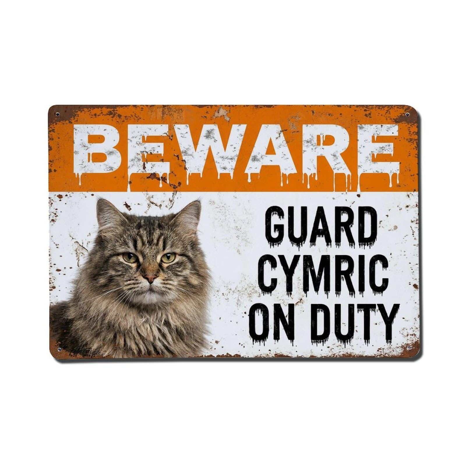 Vintage Funny Cymric Guard Beware of Cat Balcony Metal Tin Sign Plaque Wall Decor for Cafe, Club Bar, Office, Garden Metal Poster 8x12Inch