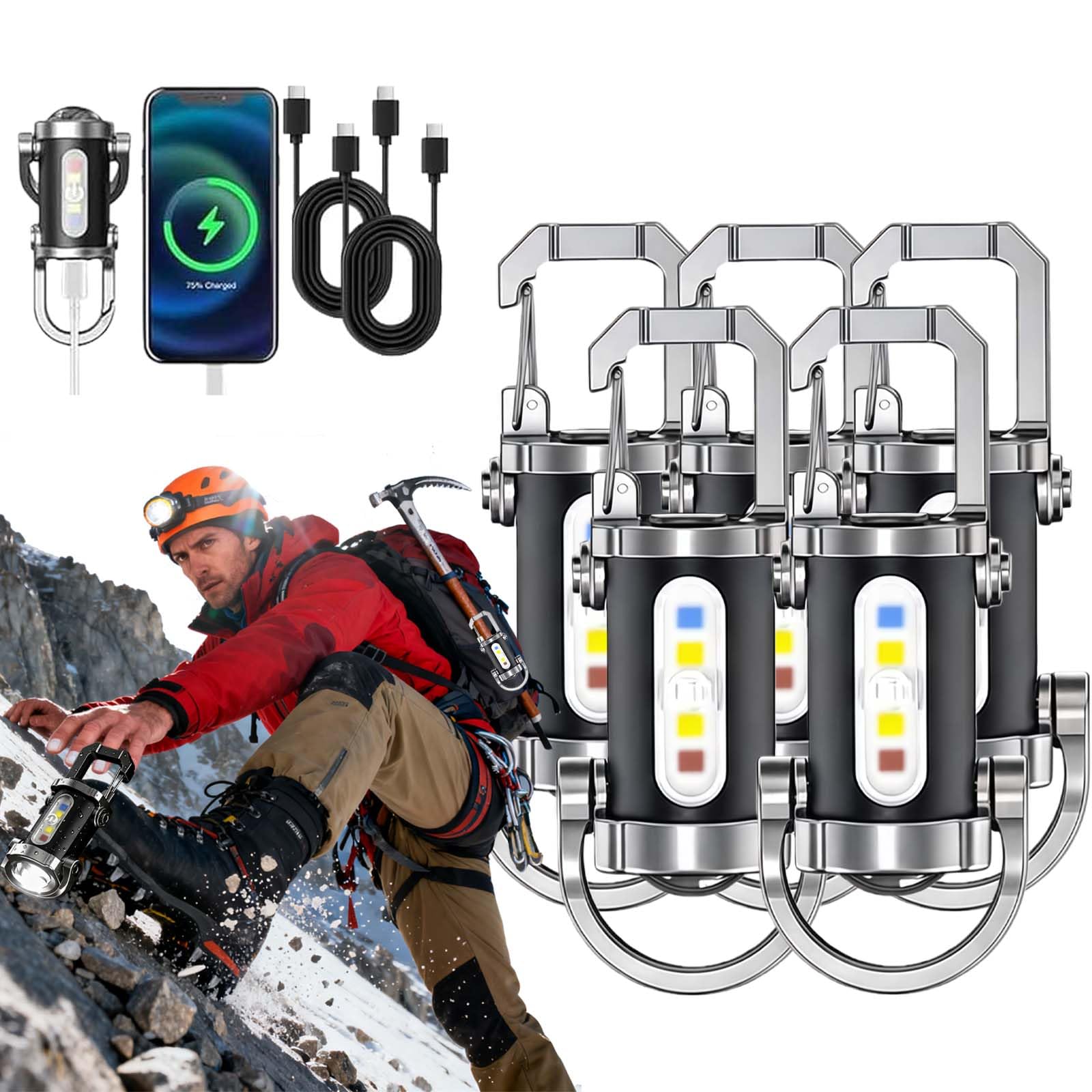 Paquete de 5 llaveros portátiles recargables brillantes tipo C con luz LED USB con diseño de múltiples modos de iluminación, función de fuente de luz portátil para camping, senderismo (5 unidades)