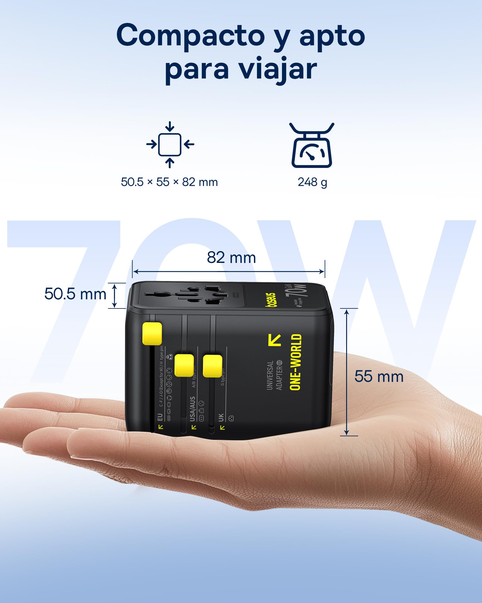 Baseus Enercore 70W Adaptador Enchufe Universal con Cable Retráctil, 2 AC + 2 USB A + 1 USB C, Adaptador de Corriente Internacional para EE. UU., Reino Unido, Japón, Tailandia, Australia
