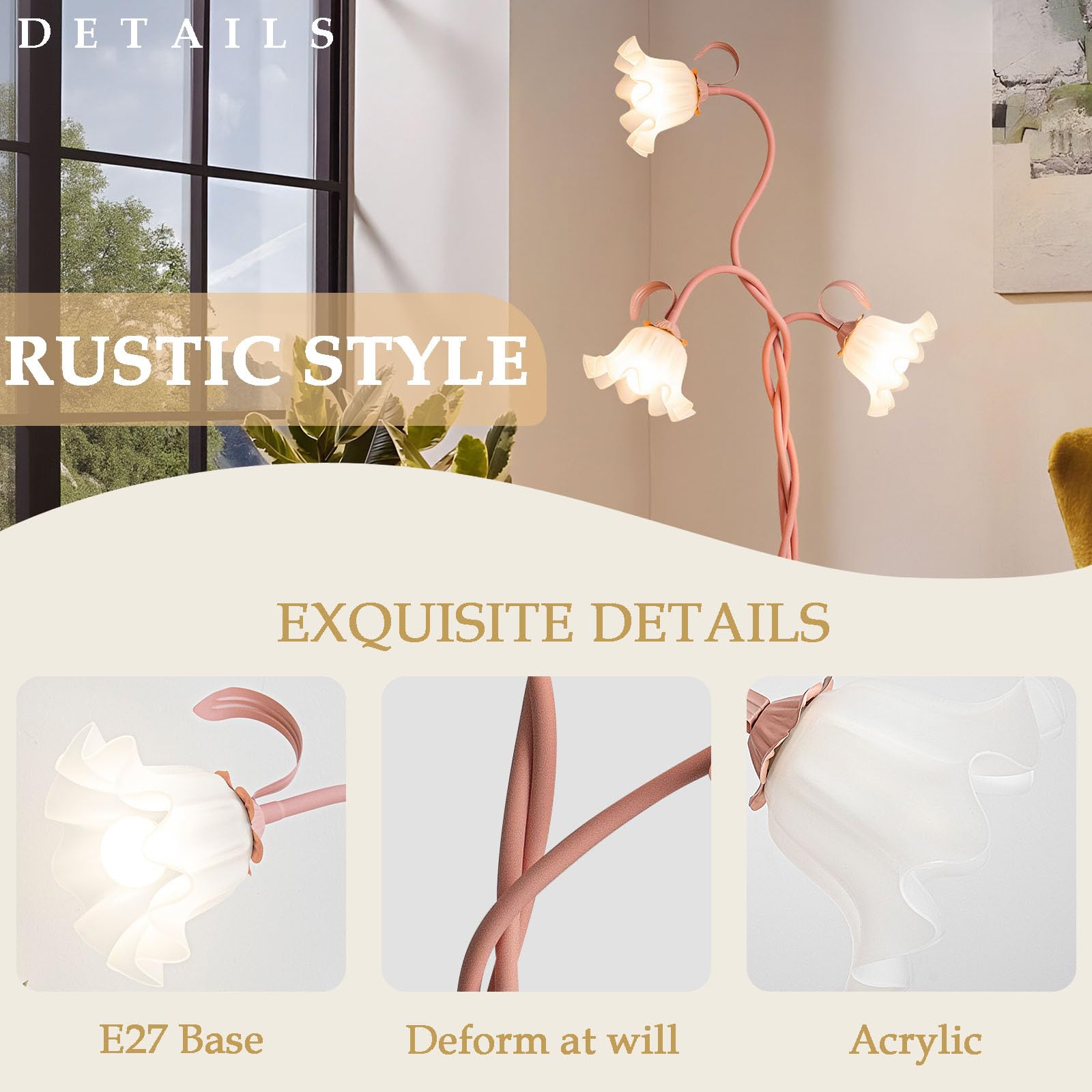 Blumen Stehlampe Wohnzimmer,Schwanenhals DIY Bogenlampe Standleuchte mit 3-Köpfe Rose,Spirale Stehlampe Dimmbar Leselampe Studie,Vintage Standing Floor Lamp für Schlafzimmer,BüRo,170Cm,Rosa