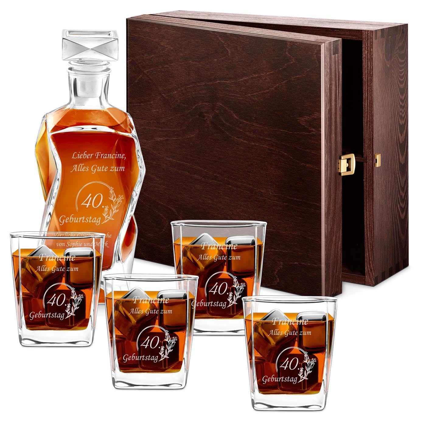 Maverton Whiskey Karaffe + 4 / 6er Whiskygläser Set mit Gravur - 700ml Whisky Dekanter - Geschenk zum Geburtstag für Männer - Weihnachtsgeschenke - Glückwünsche