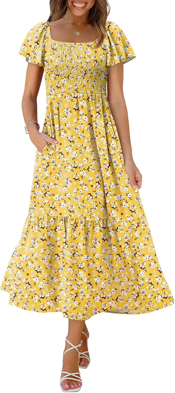 OFEEFAN Summer Dresses for Women Square Neck Ruffle Sleeve Smocked Maxi Dress with Pockets