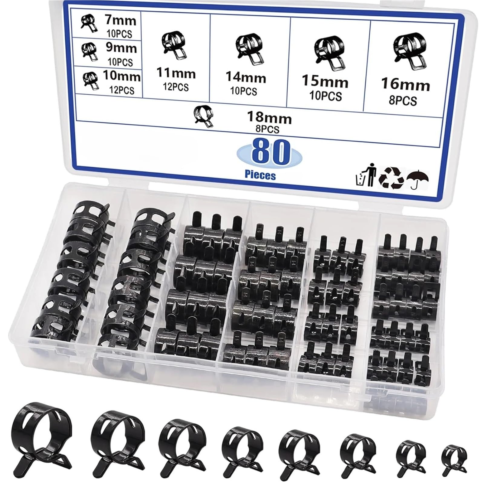 Surtido de 80 abrazaderas de manguera con resorte, de silicona, de 7 a 18 mm, for baja presión (negro)