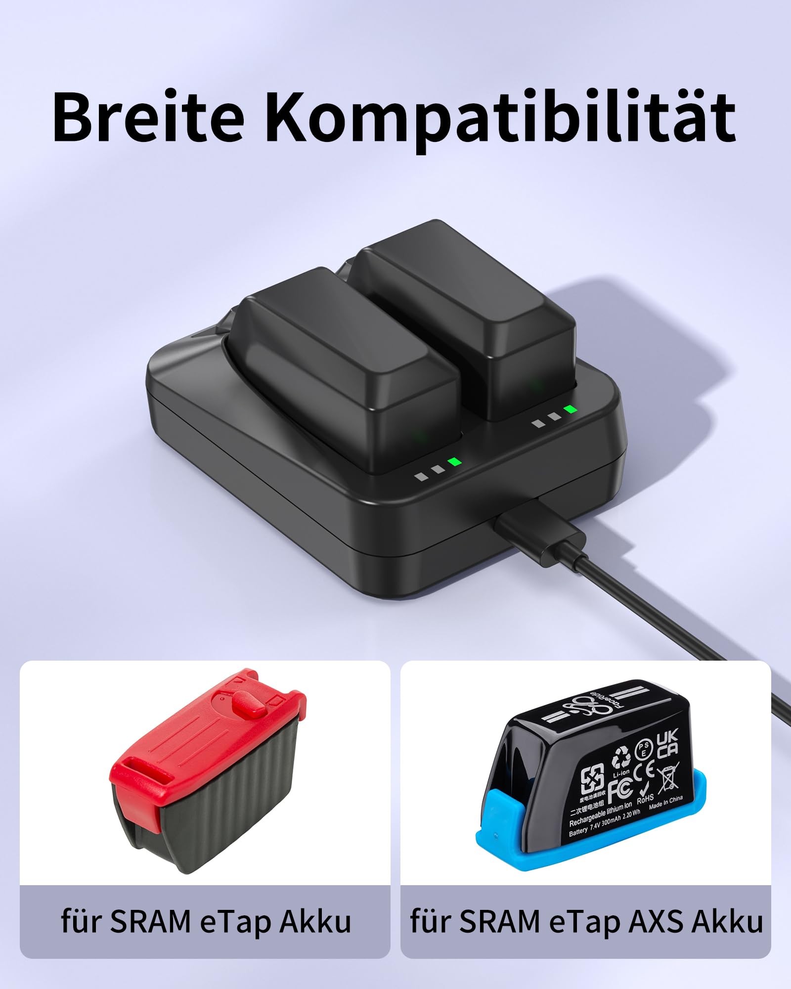 Dual-Port-Ladegerät kompatibel mit SRAM AXS/eTap Red Force Rival GX Eagle Akku, Schnelllade-USB-C-Ladegerät für Dual-Akkus mit USB-C-Kabel