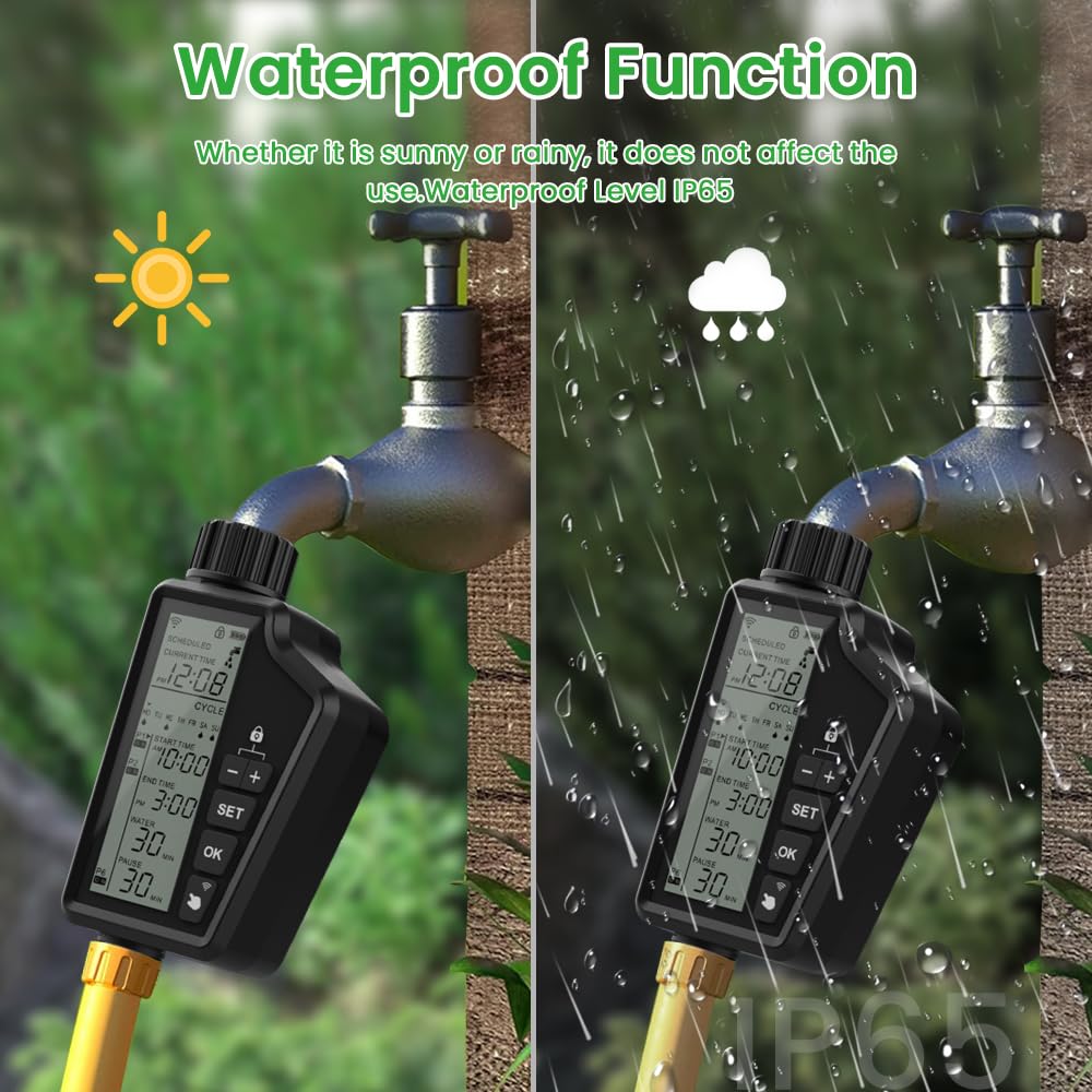 MIUCDA Programador Riego Inteligente WiFi, Pantalla LCD Grande, para Grifo 1/2" y 3/4", Riego automático programado, Ordenador de riego Compatible con Alexa y Google Home, Control por Voz y App