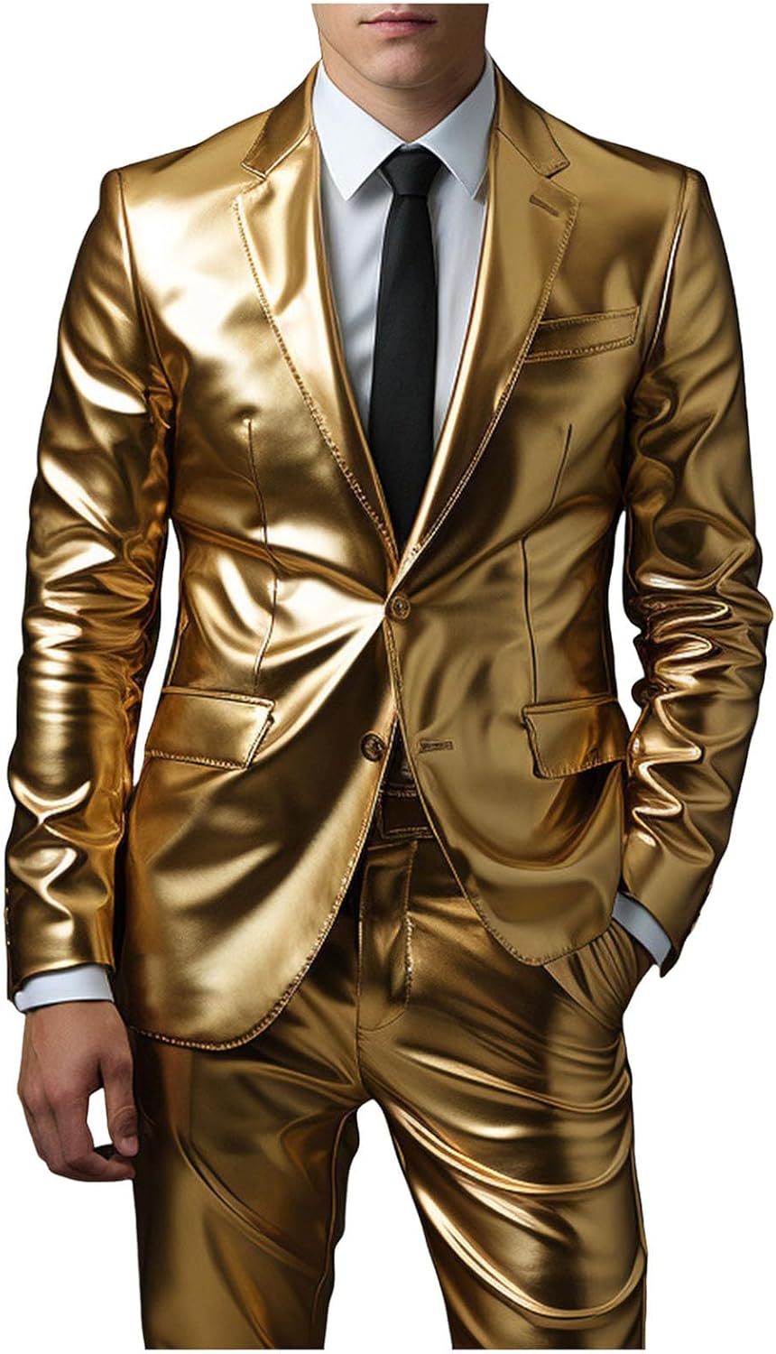veolaimy Mens Suit, Top and Bottom Set, Stage Costume, Glitter, Flashy, Party Suit, Slim, Solid, Casual, Jacket, Slacks, 2-Piece Set, Fashion, Mens Clothing, Popular Wedding, Dance, Host Costume