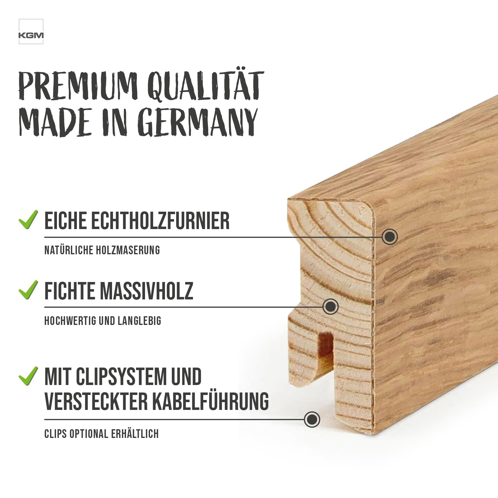 KGM Modern Sockelleiste Eiche – Massivholz – 2400 x 16 x 40 mm – 20 Stk.