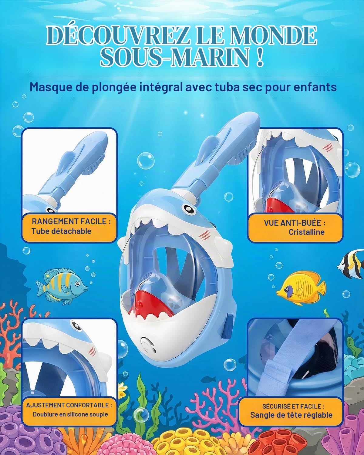 Masque de plongée intégral pour enfants de 5 à 10 ans, vue super haute définition à 180°, anti-buée, anti-fuite et fonction supérieure sèche pour enfants