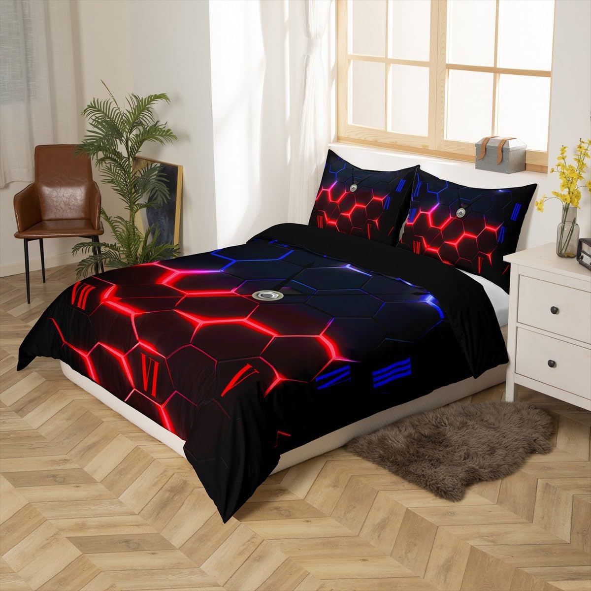 Honeycomb Comforter Covet Full Size,Red and Blue Neon Hexagon Geometric Duvet Cover Set with 2 Pillowcases,Abstract Clock Bedding Set for Boys Teens Bedroom Decor (No Comforter), Soft Polyester